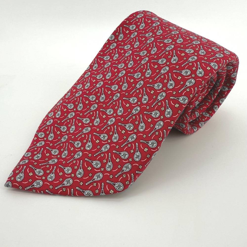 Vineyard Vines Mens Tie Red‎ Tennis Racquet Ball Silk Necktie Handmade In USA